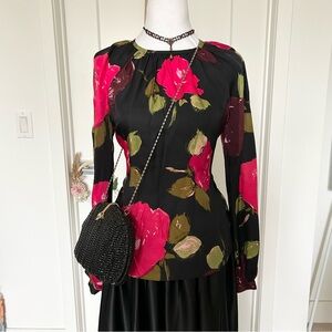 Kate Spade BNWT Floral Black Blouse with Pink and Green Accents